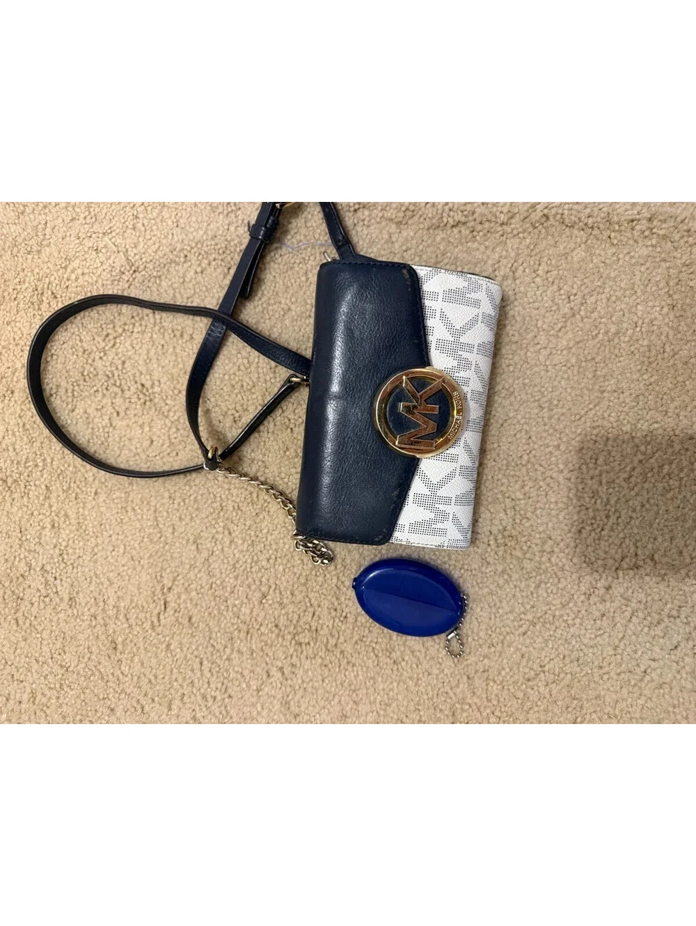 Michael Kors Fulton Crossbody Navy Leather Vanilla MK Signature + Rain Stain